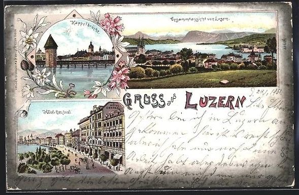 Cartes postales: Litho Luzern, Hotel Central, Kappelbrüc – D'occasion à Berlin par bartko-reher