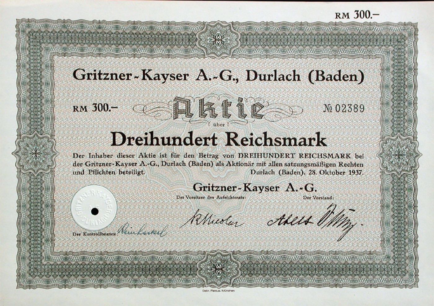 Documenti: Gritzner-Kayser AG, Durlach - 1937 – Usato da Solothurn venduto da Sgasche