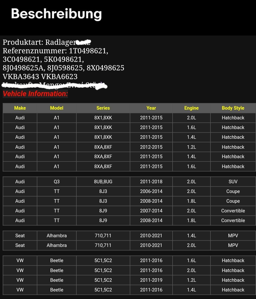 Tutti pezzi di ricambio auto: radlager vw audi seat – Nuovo (secondo la descrizione) da St.Gallen venduto da big_tipp 2