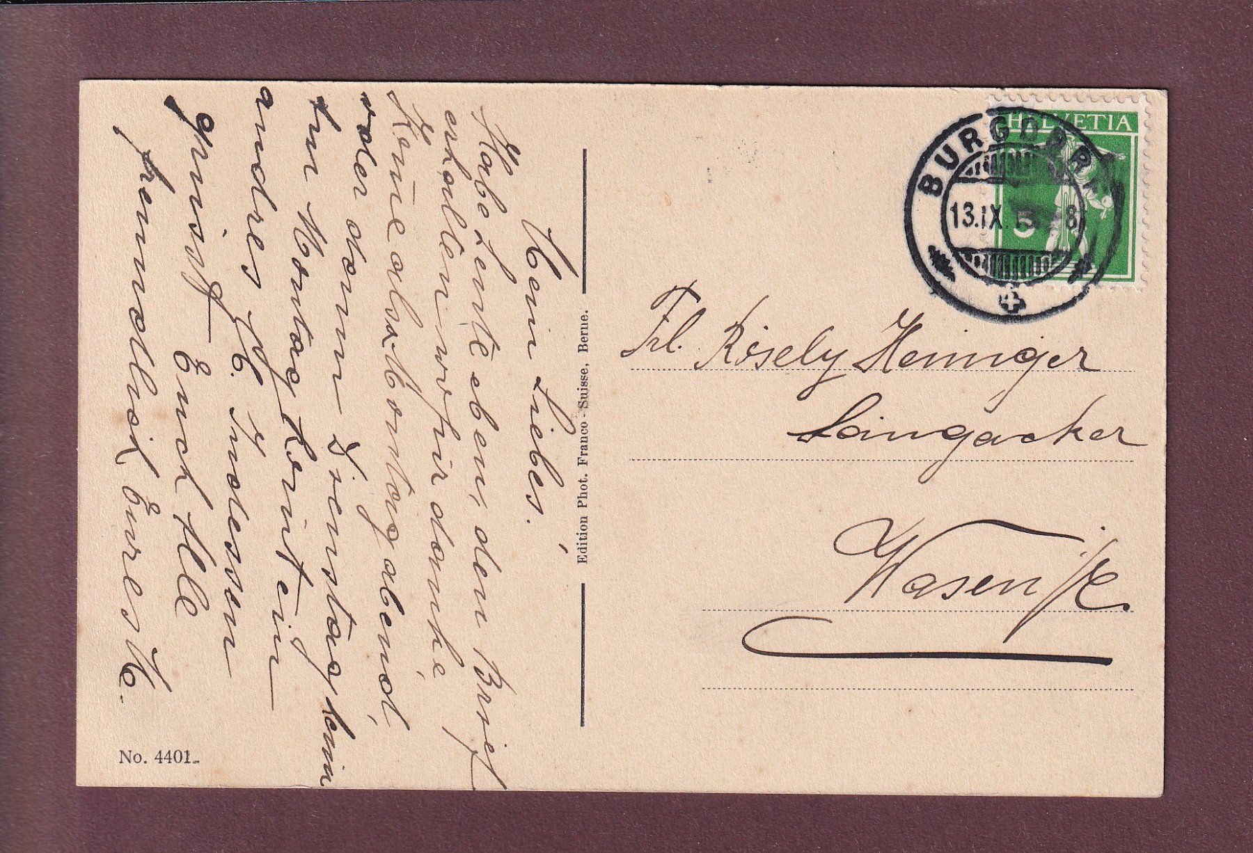 Cartoline postali: BURGDORF - Rittersaal - 1913 – Usato da Pully venduto da nicecards 1