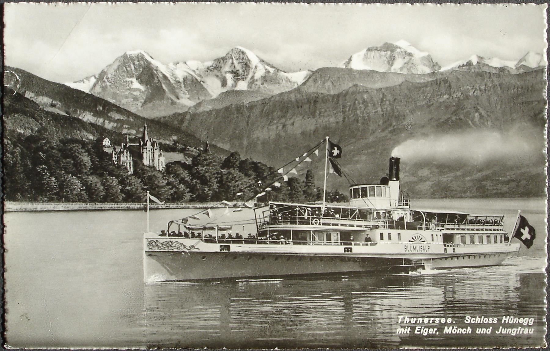 Cartoline postali: THUNERSEE Schloss Hünegg - Dampfschiff – Usato da Jona venduto da philajona