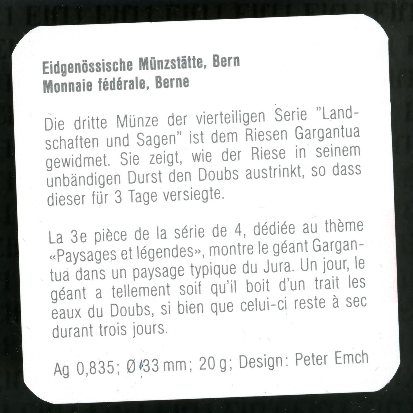 Tutti le monete: CHF__20.00 1996 Riese Gargantua PP 20 Franken – Nuovo e nell'imballaggio originale da Widnau venduto da Elf11 3