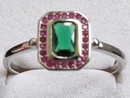 Bague Argent 925 & Émeraude 2 ct + 23 Rubis 8,5 mohs T59💎💍