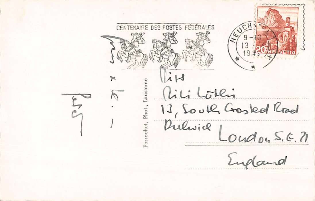 Cartoline postali: SOUVENIR de NEUCHATEL - Ecole de Commerce 1949 – Usato da Winterthur venduto da SchatzchischtliWinti 1
