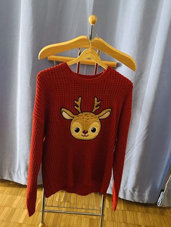 Roter Strickpullover mit Rentier Motiv, Grösse L, Winter 🦌