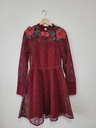 Robe bordeaux en dentelle brodée appliqués floraux