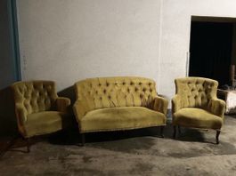 Salon Set Gelb Samt 3-teilig Sessel Sofa 
