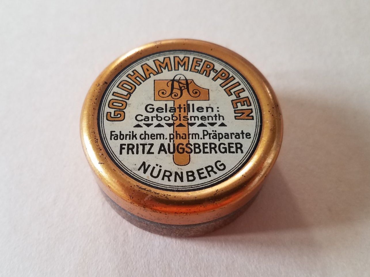 Behälter & Ähnliches: Antike Pillen Dose Blechdose Goldhammer Vintage – Gebraucht aus Rorschacherberg von Marubium 6