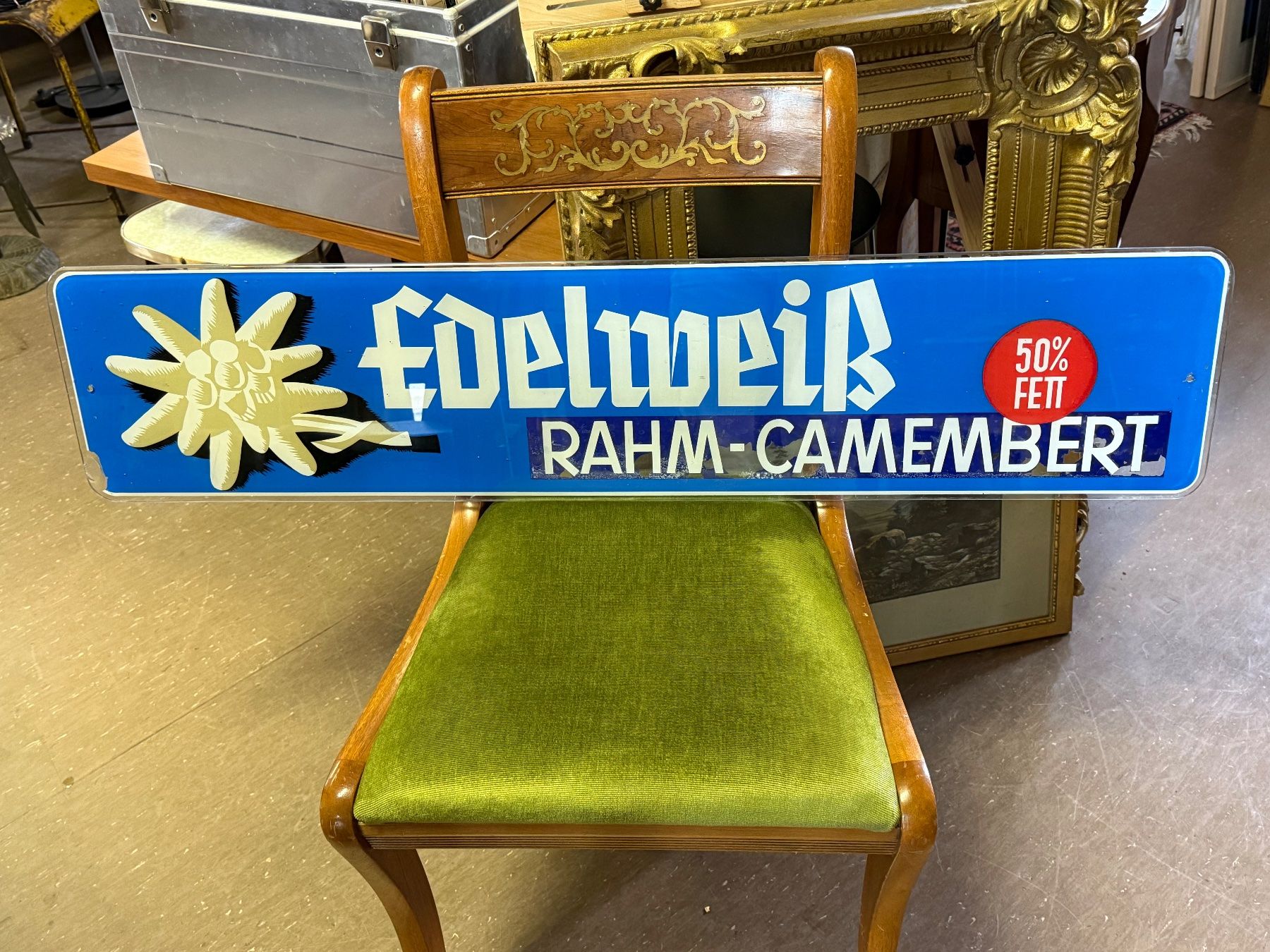 Insegne: EDELWEISS Rahm Camembert alte Hinterglas Werbung – Usato da Bern venduto da Jwpm66