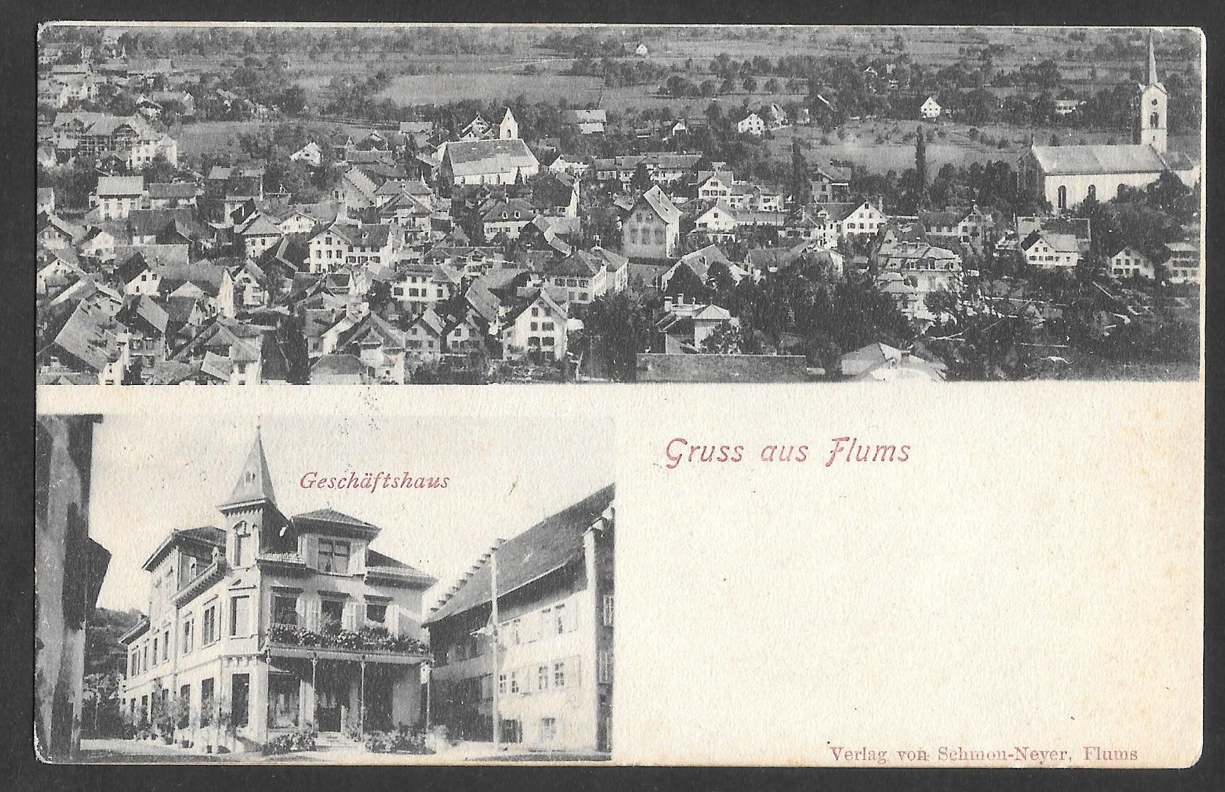 Cartoline postali: Flums Geschäftshaus und Generalansicht Stempel FLUMS – Usato da Olten venduto da clotaldi