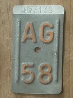 AG 58 - VELONUMMER - FAHRRADSCHILD - PLAQUE DE VELO - AG 58