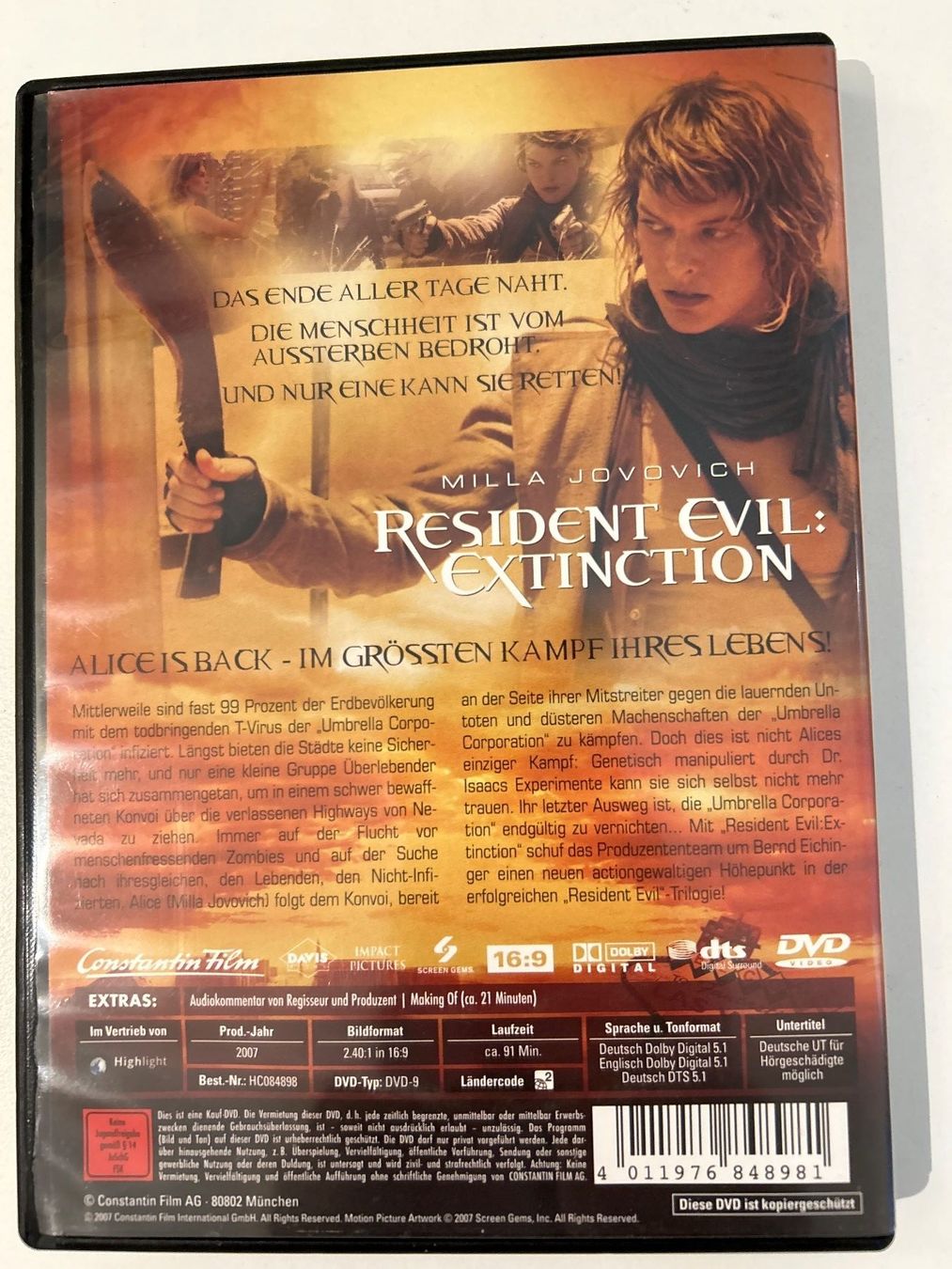 Alle DVDs: DVD- Resident Evil: Extinction – Gebraucht aus Guntershausen von Gloominati 1