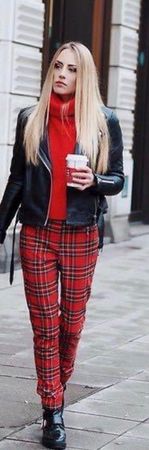 Slim Trousers – Red Checked – Women’s / Ladies Pants