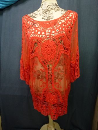 BLUSE SHIRT LÖCHRIG SOMMER STRAND ORANGEROT GR L