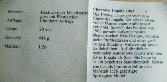 Chevrolet Modellini d'auto: Chevrolet Impala 1963  20cm lang – Usato da Effretikon venduto da Heimstudio 8