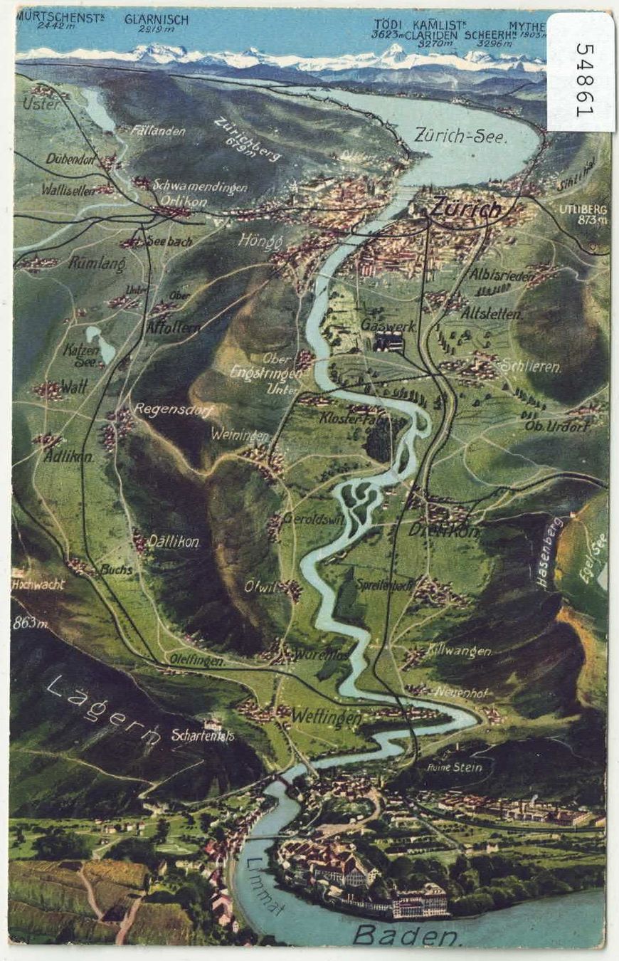 Cartoline postali: Baden - Limmat - Panorama - Relief - Litho – Usato da Ettingen venduto da Kartenplanet