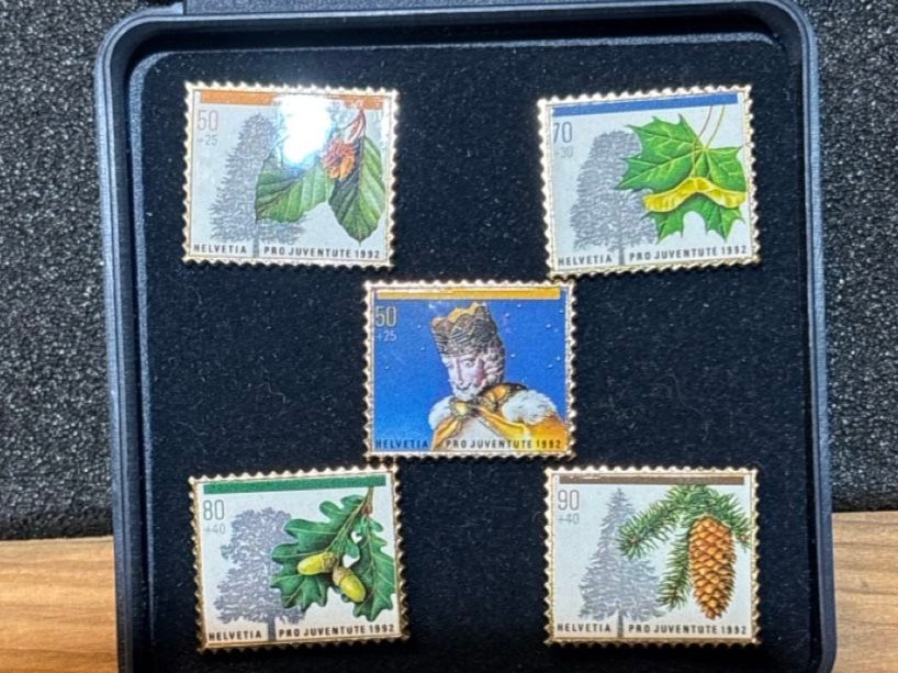 Placchette & Badge: Briefmarken Pro Juventute Pin 1992 "Herbst" in Box – Usato da Matzingen venduto da Old-Shop