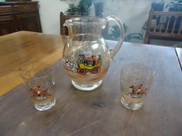 Vintage - Carafe en verre + 2 verres - Diligence peinte main