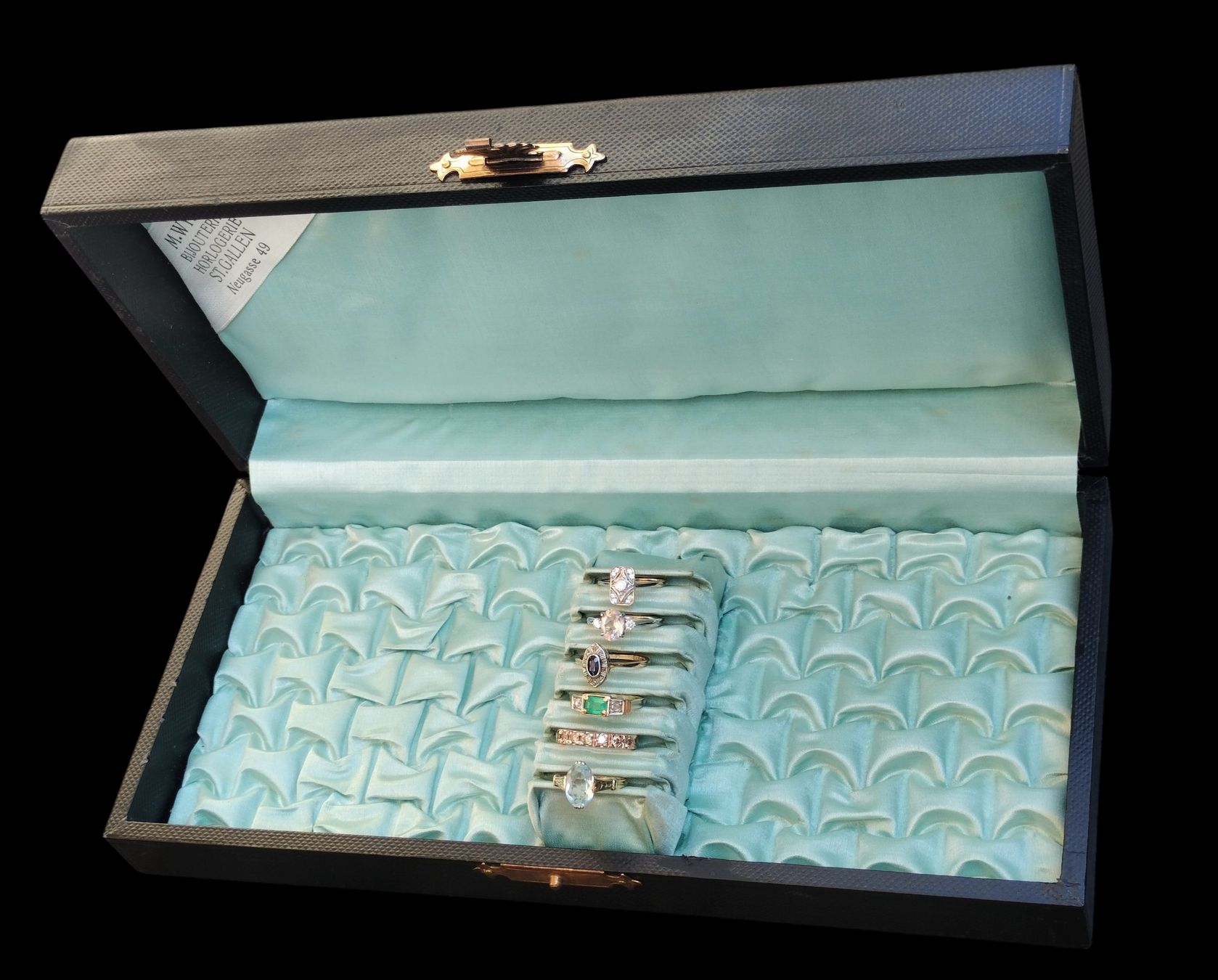 Portagioie: Antike Ringbox Schmuckbox Koffer Schwarz mit Türkis Seide – Usato da schwyz venduto da larry91sz 3