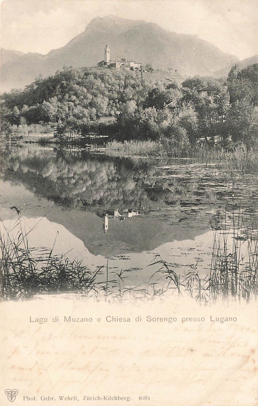 Cartoline postali: Sorengo TI Lago di Muzzano chiesa e panorama – Usato da Biasca venduto da Blenio71