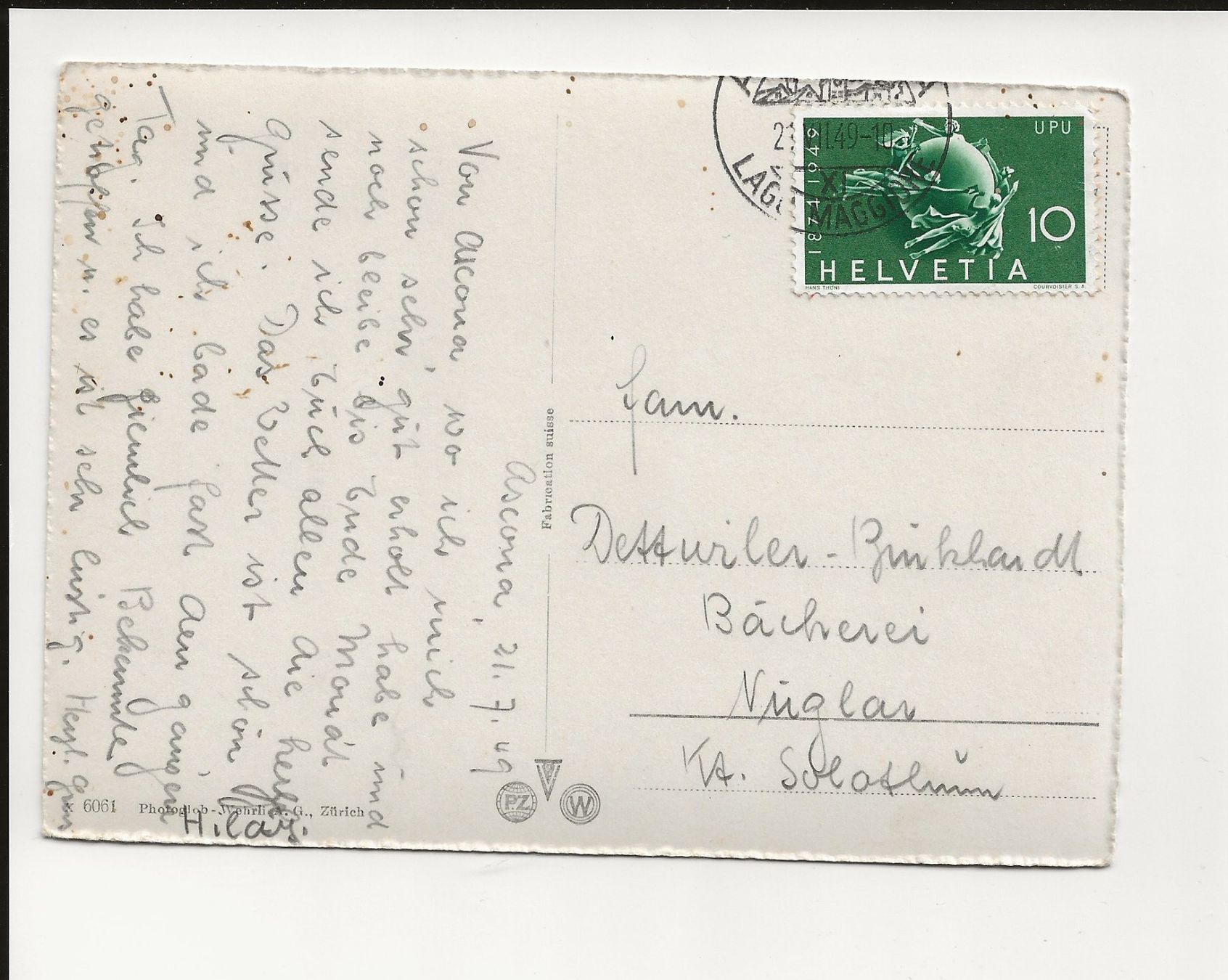 Cartoline postali: AK 1949  Ascona Tessin – Usato da Greifensee venduto da 315WDO 1