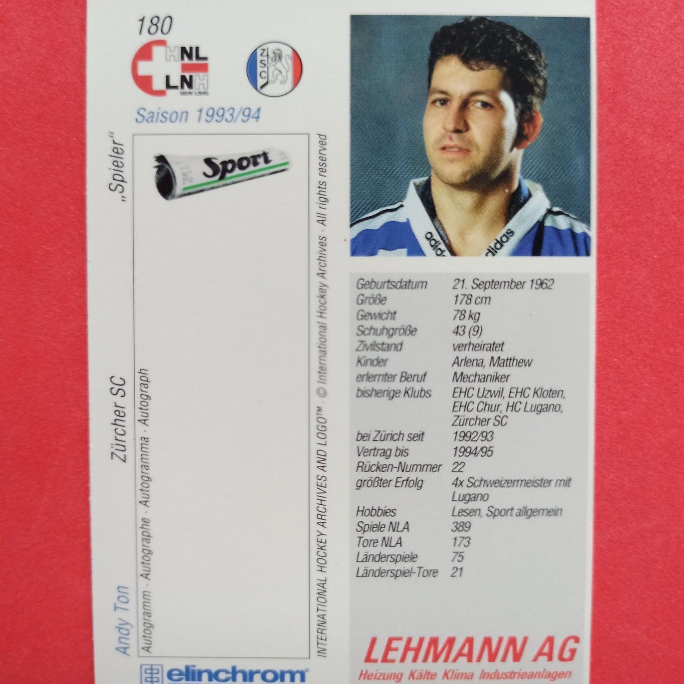 Carte collezionabili: Andy Ton - ZSC - 1993/94 – Usato da Dübendorf venduto da kb86_MOVIE 1