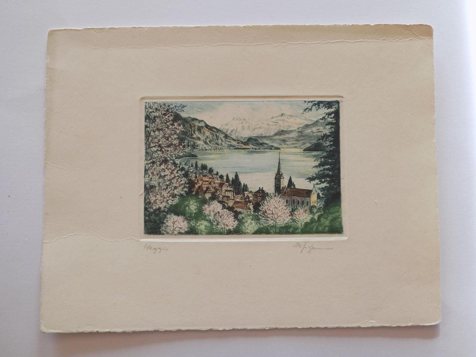 Gravures: Weggis kolorierte Lithographie – D'occasion à Risch par Antikfee