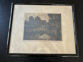 Alter Stich von 1913 Fluss mit Boot