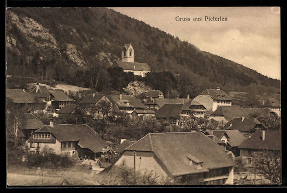 Cartoline postali: AK Pieterlen, Dorf mit Kirche am Hang – Usato da Berlin venduto da bartko-reher