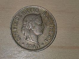 5 Rappen Münze, Jahrgang 1944, 44, Münzsammlung, 5rp Stück