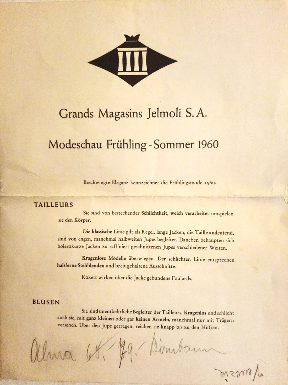 Documents: Einmaliges JELMOLI Zeitdokument - Modeschau-Script 1960 – D'occasion à Thalwil par freespirit-kev