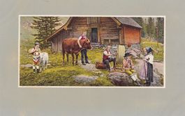 Landwirtschaft Alphütte mit Bauern Kindern Kuh Ziege
