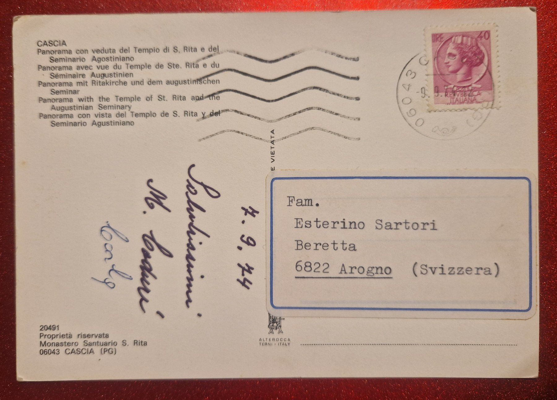 Cartoline postali: Cascia Italien 1974 – Usato da Melchnau venduto da Fishel 1