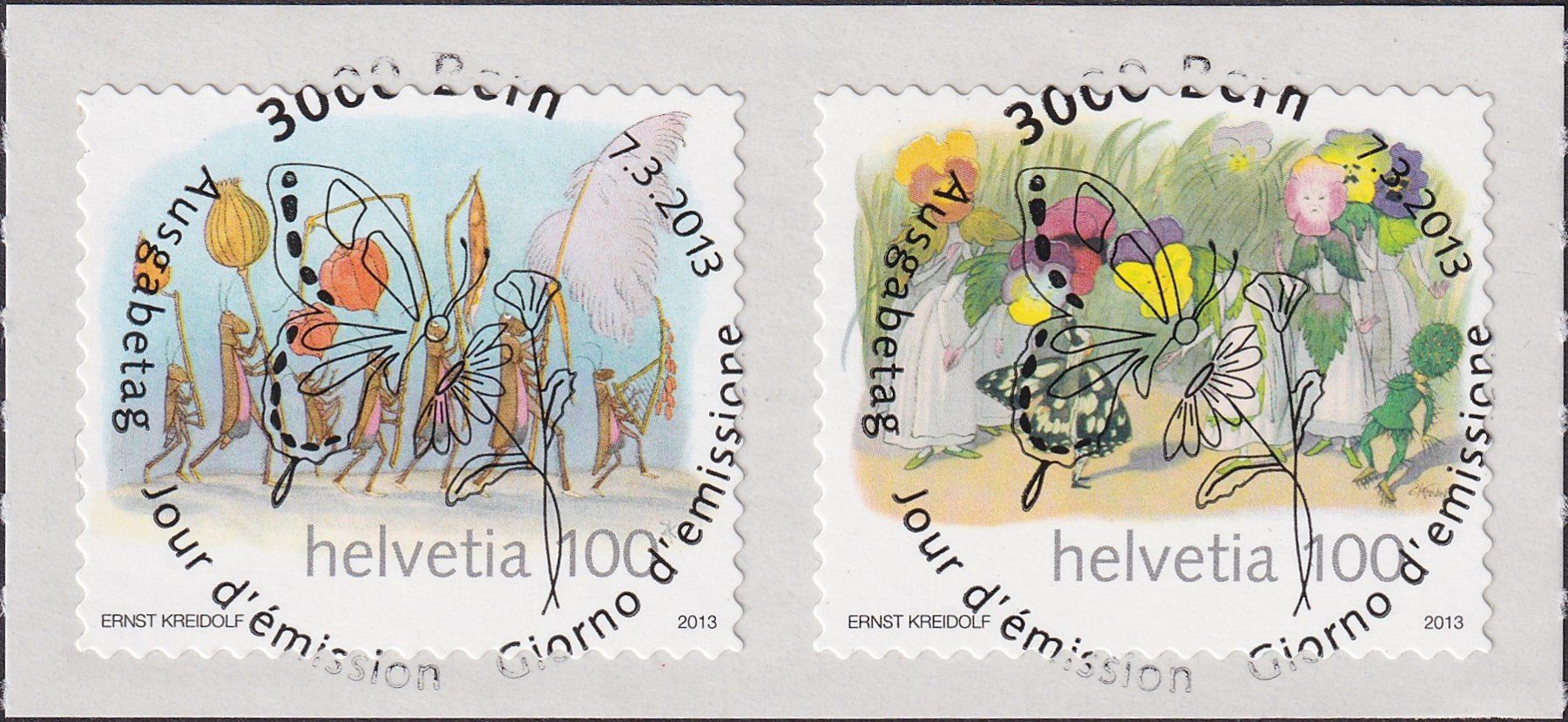 Tutti i francobolli: 2013, Nr.1461+1463 "Kreidolf" mit Ersttags-Voll-Stempel. – Usato da Sursee venduto da Luzernerraute