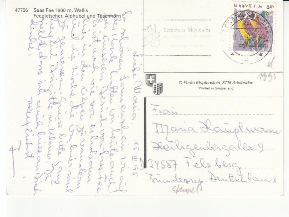 Ansichtskarten: Saas Fee 1995 – Gebraucht aus Bürglen TG von StampGraf 1