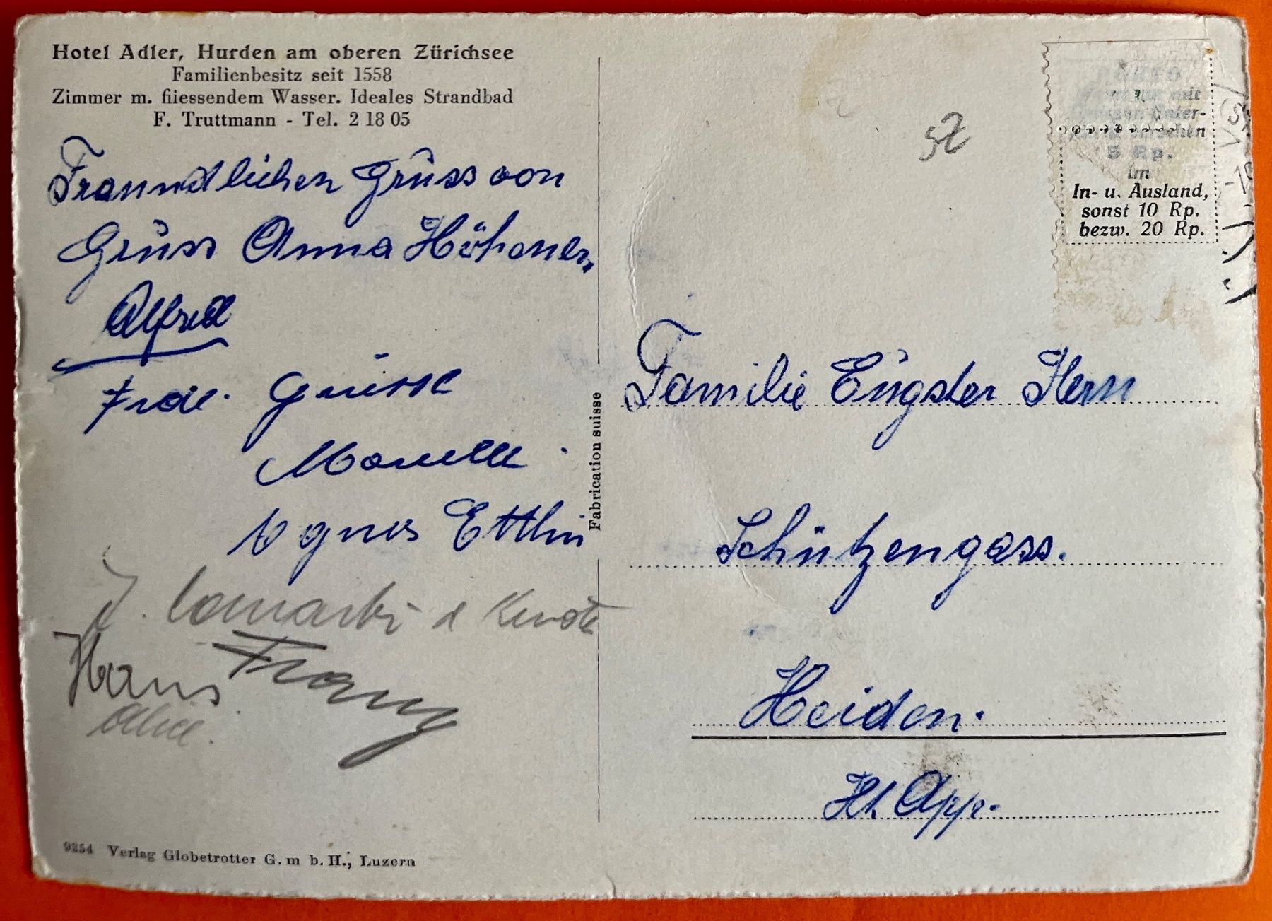 Cartoline postali: HURDEN - FREIENBACH - HÔTEL ADLER – Usato da Lutry venduto da Ediego 1