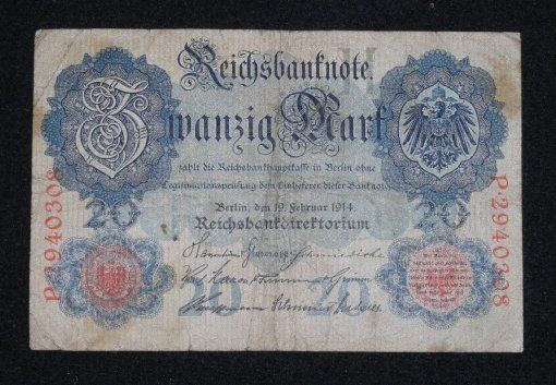 Banknoten: Zwanzig Mark - Reichsbanknote 19.02.1914 - P.2940308 – Gebraucht aus Unterbäch von vaqwa