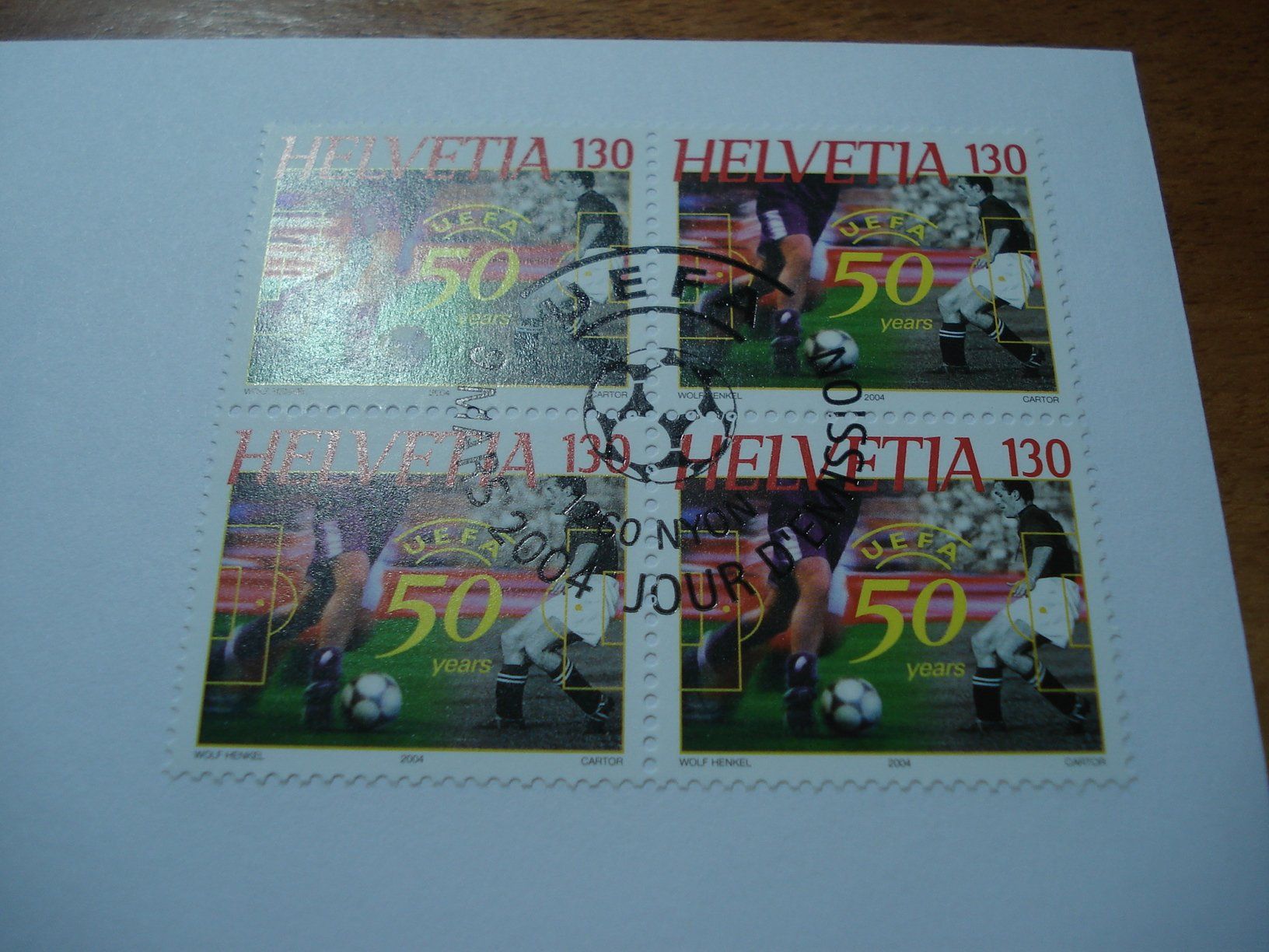 Alle Briefmarken: 50 Jahre UEFA 2004, FDC Einzel + 4erblock – Gebraucht aus Niederwil AG von morostahu