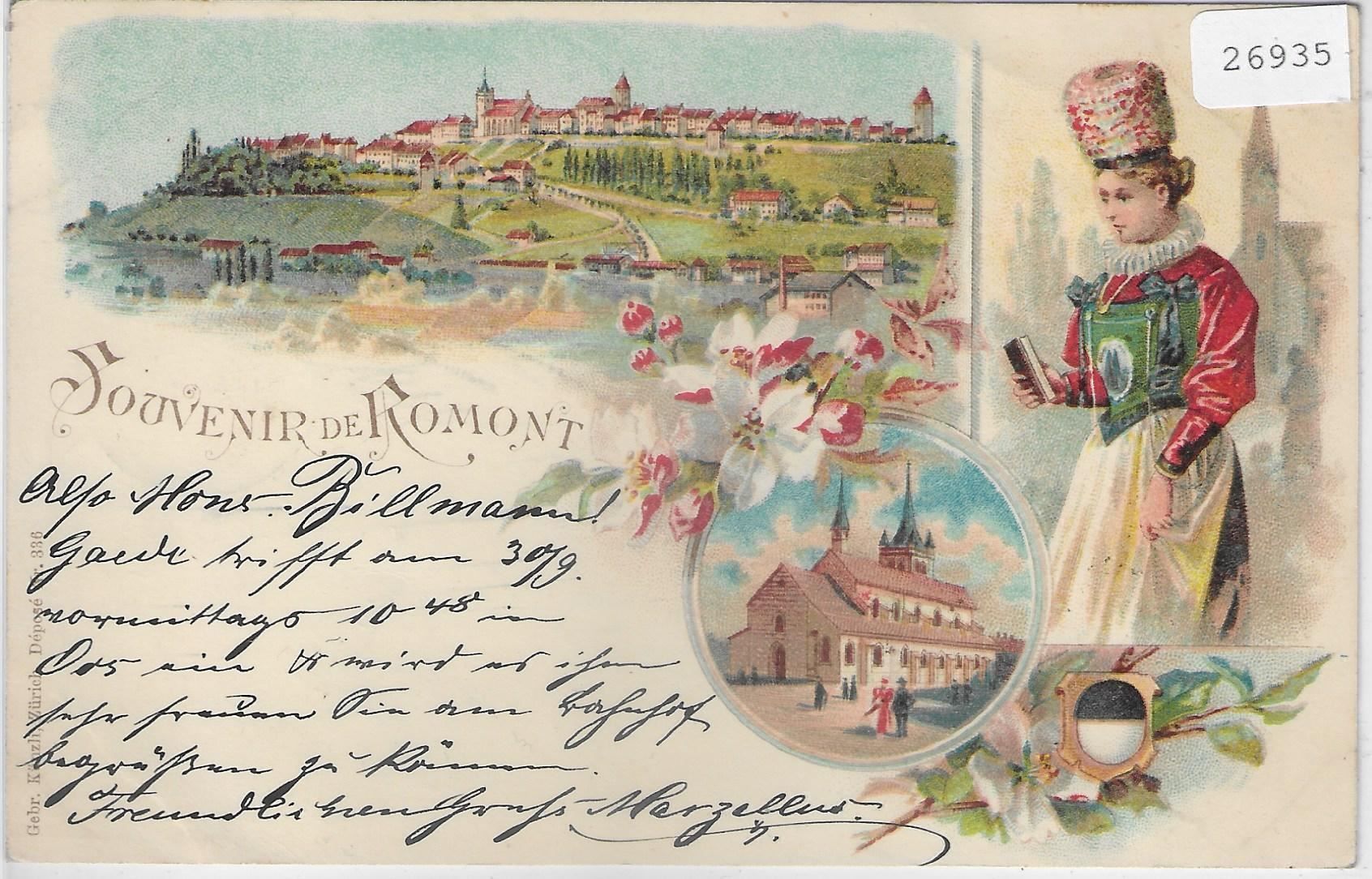 Cartoline postali: Souvenir de Romont - Litho 1898 – Usato da Ettingen venduto da Kartenplanet