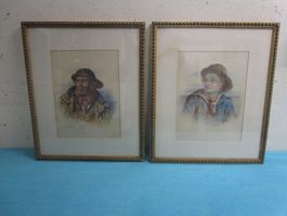 2 Aquarelle - Jugendlicher und dann als Mann - antike Rahmen