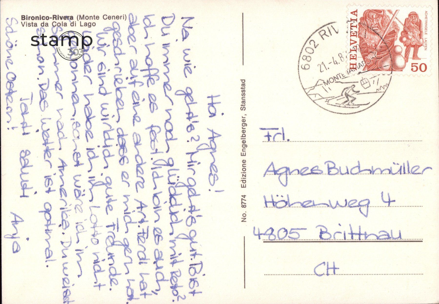 Cartoline postali: 1987 AK Bironico-Rivera (Monte Ceneri) – Usato da Eggersriet venduto da stamp303 1