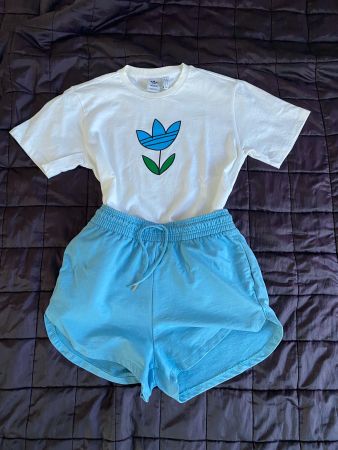 adidas t-shirt + shorts, gr.S 100%baumwolle, weiss/hellblau
