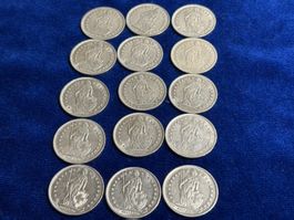 15 x 1.- Fr. Alle 835 Silber, je 5 gr, also Total 75 gr.