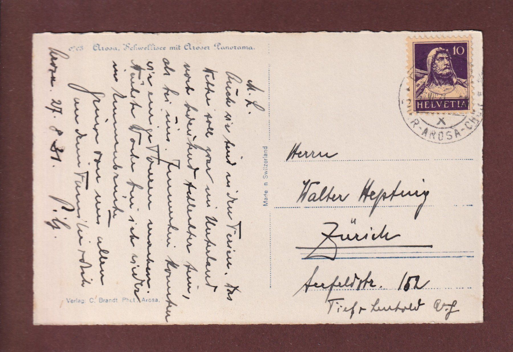 Ansichtskarten: Arosa - SCHWELLISEE - 1931 – Gebraucht aus Pully von nicecards 1