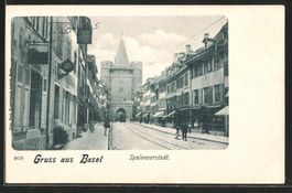 Gruss aus Basel, Spalenvorstadt, belebt, datiert 1900