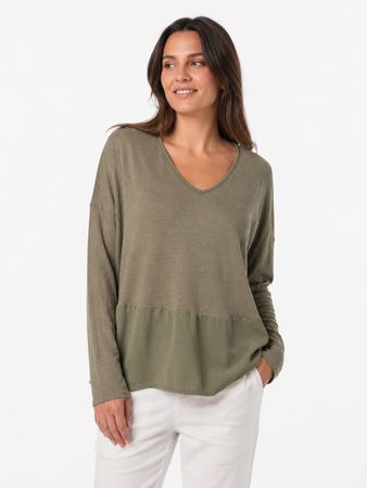 Nile langarm Shirt V-Ausschnitt oliv M/L Leinen Baumwolle