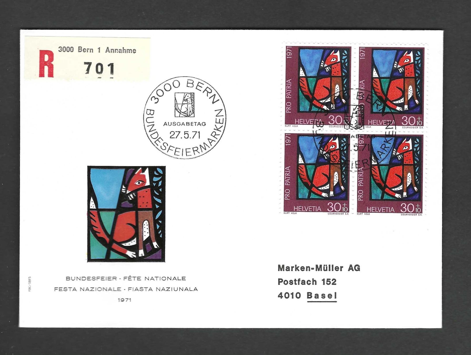 Tutti i francobolli: FDC Einschreiben Pro Patria Viererblock 1971 – Usato da Koblenz venduto da Markenhimmel