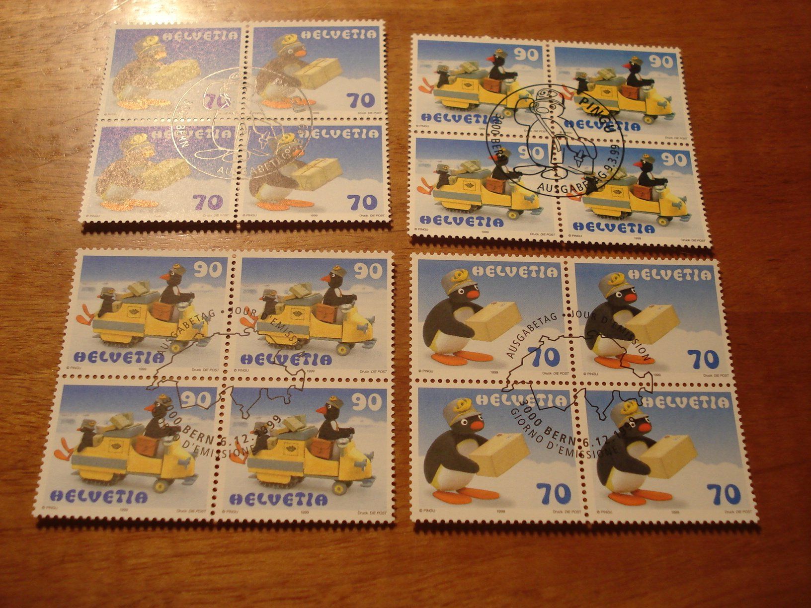 Tutti i francobolli: Satz Pingu mit + ohne Schnur 1999, 2 FDC + 4ererblock ET-o – Usato da Niederwil AG venduto da morostahu