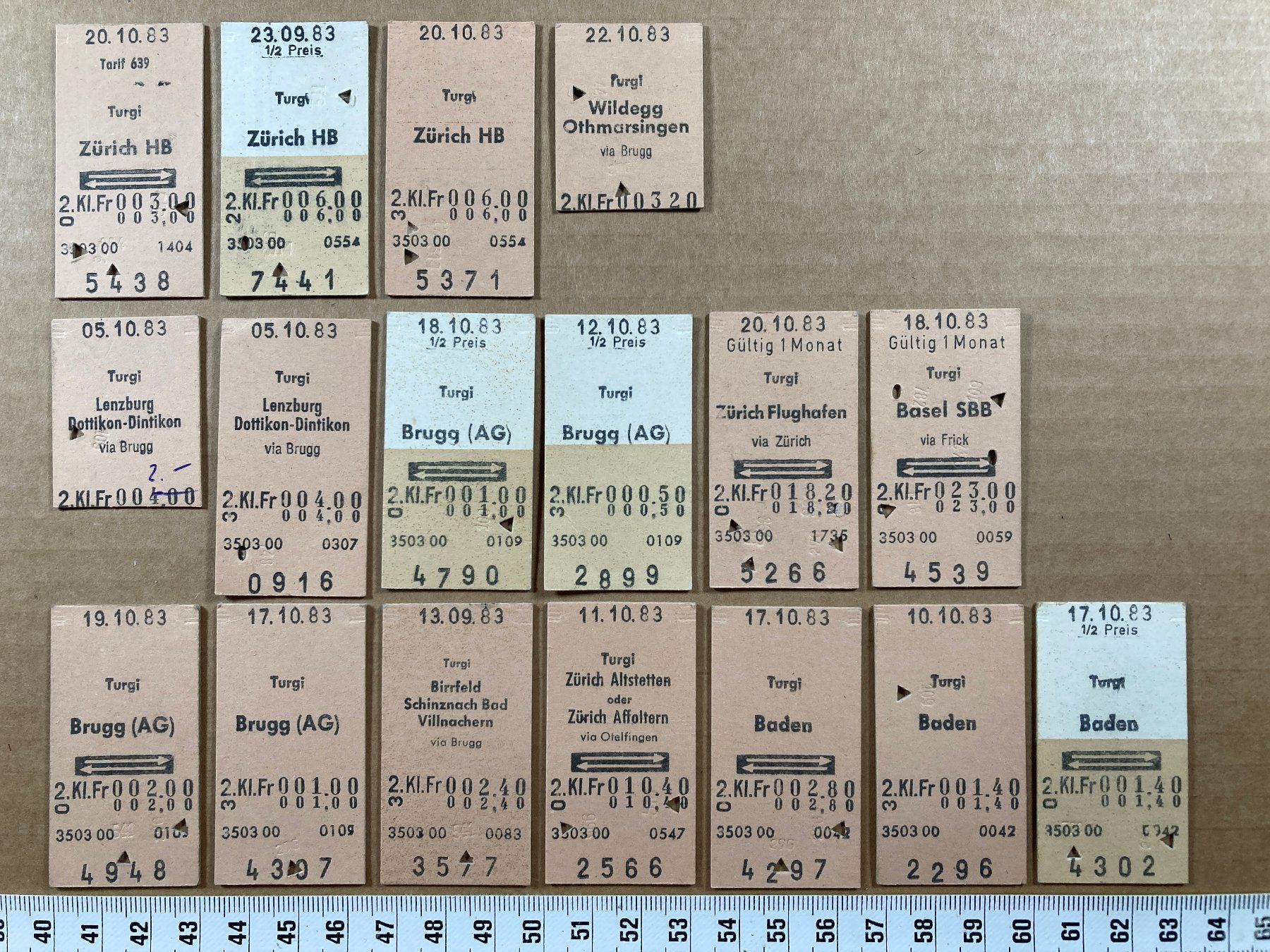 Tickets: Turgi, 17 Edmondsonsche Bahn Billette, 1983, SBB – Gebraucht aus Lenzburg von fh1