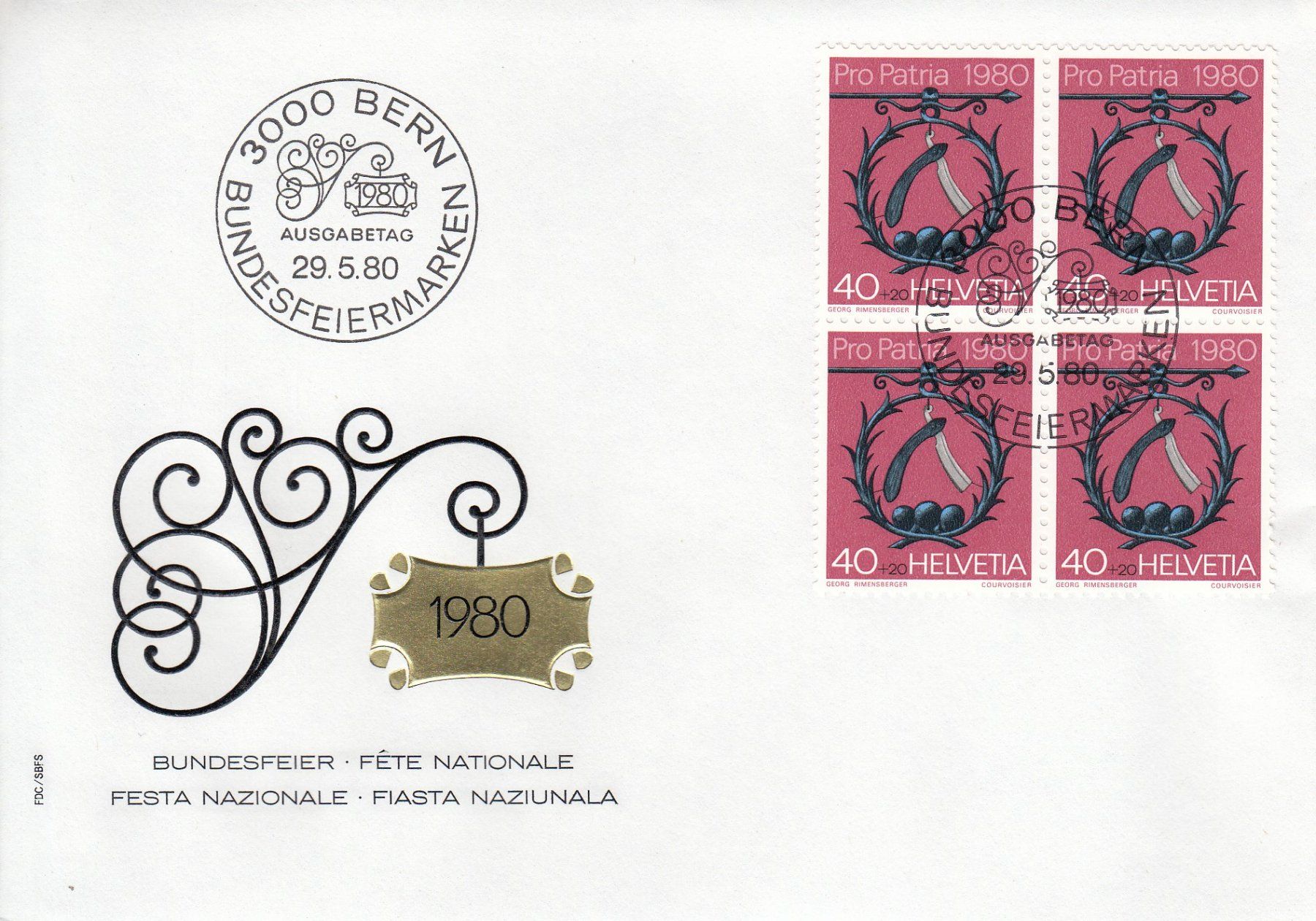 Tutti i francobolli: 1980 Pro Patria 4 FDC Viererblock – Usato da Spreitenbach venduto da Mustang_1105 1